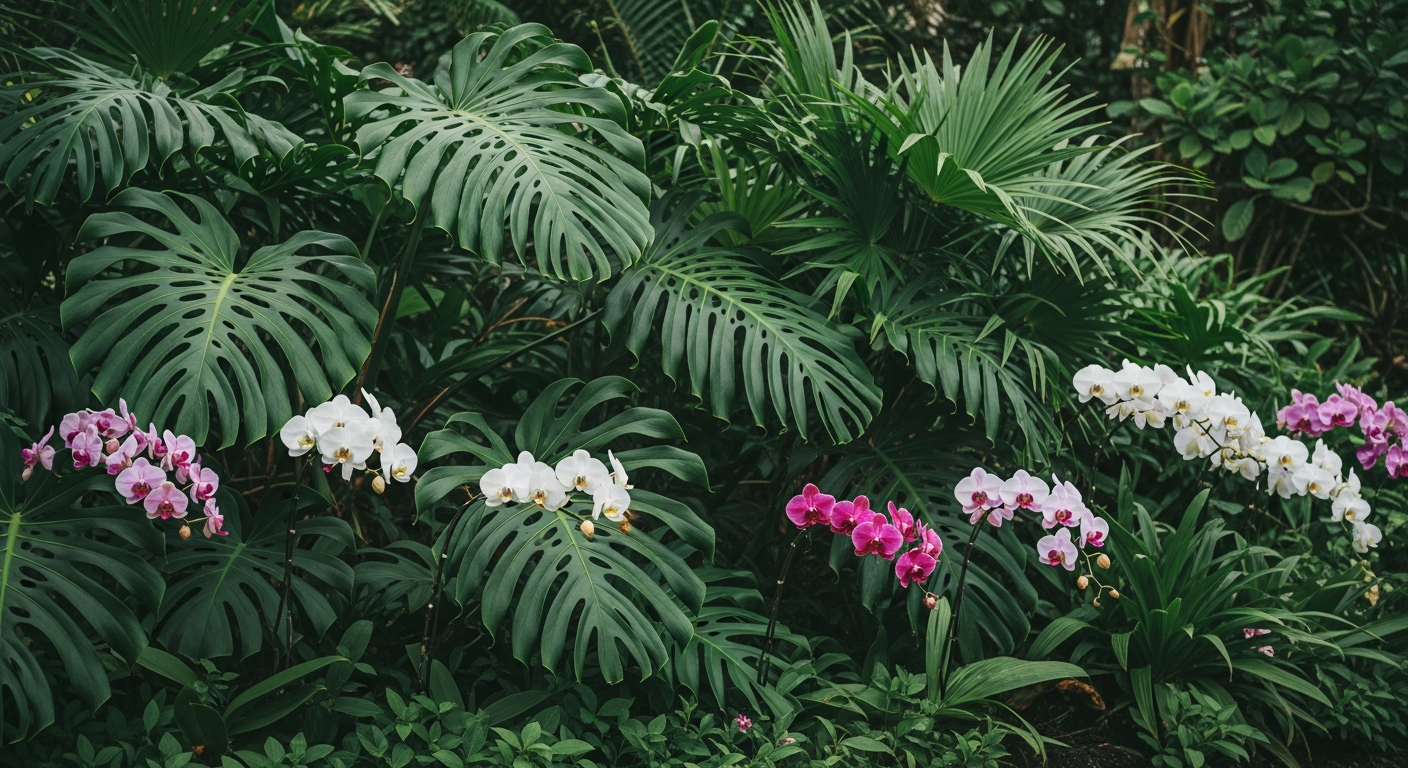 Lush Hawaiian botanical garden with orchids on the Big Island