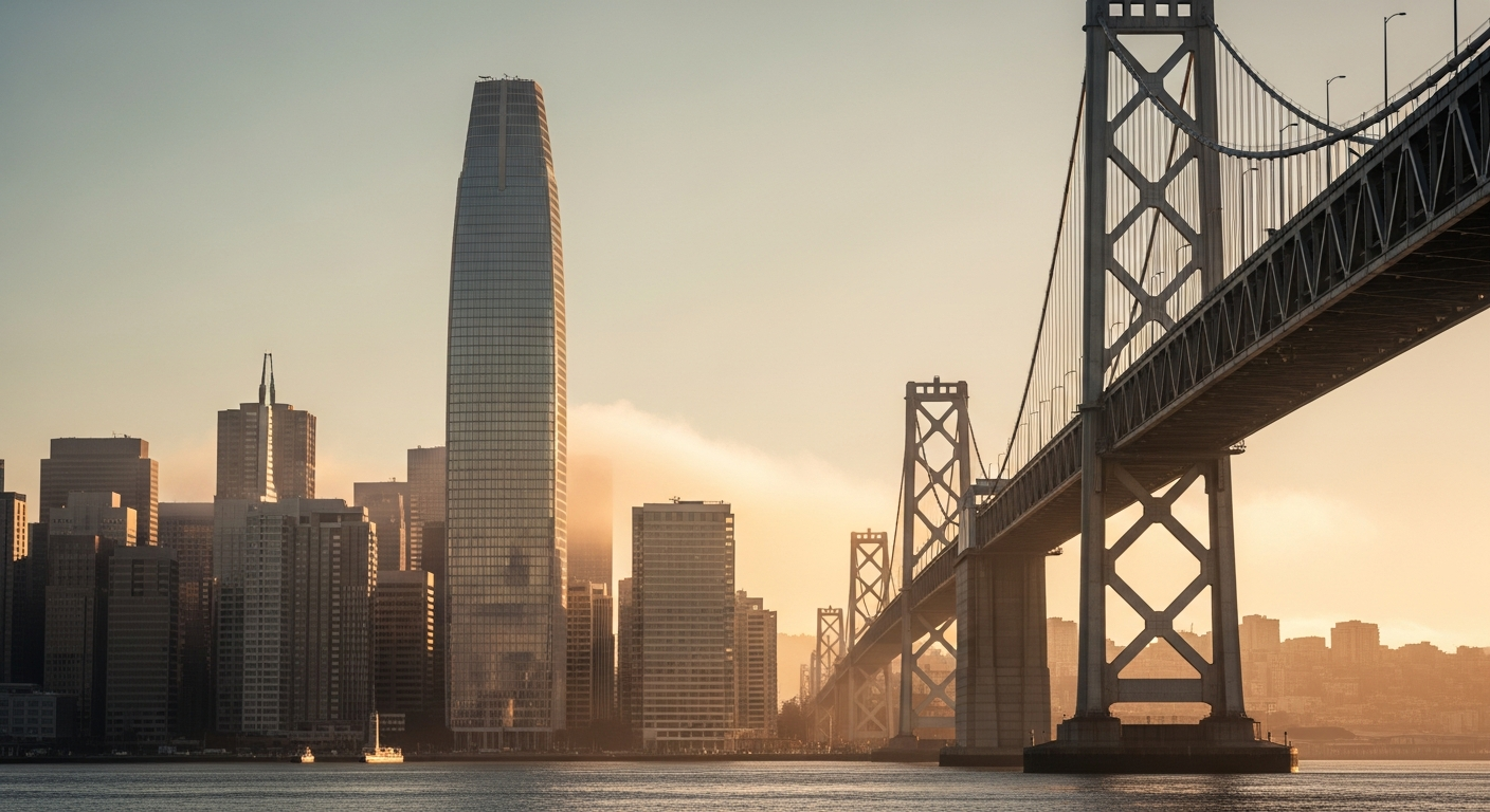 San Francisco skyline at golden hour with the Bay Bridge